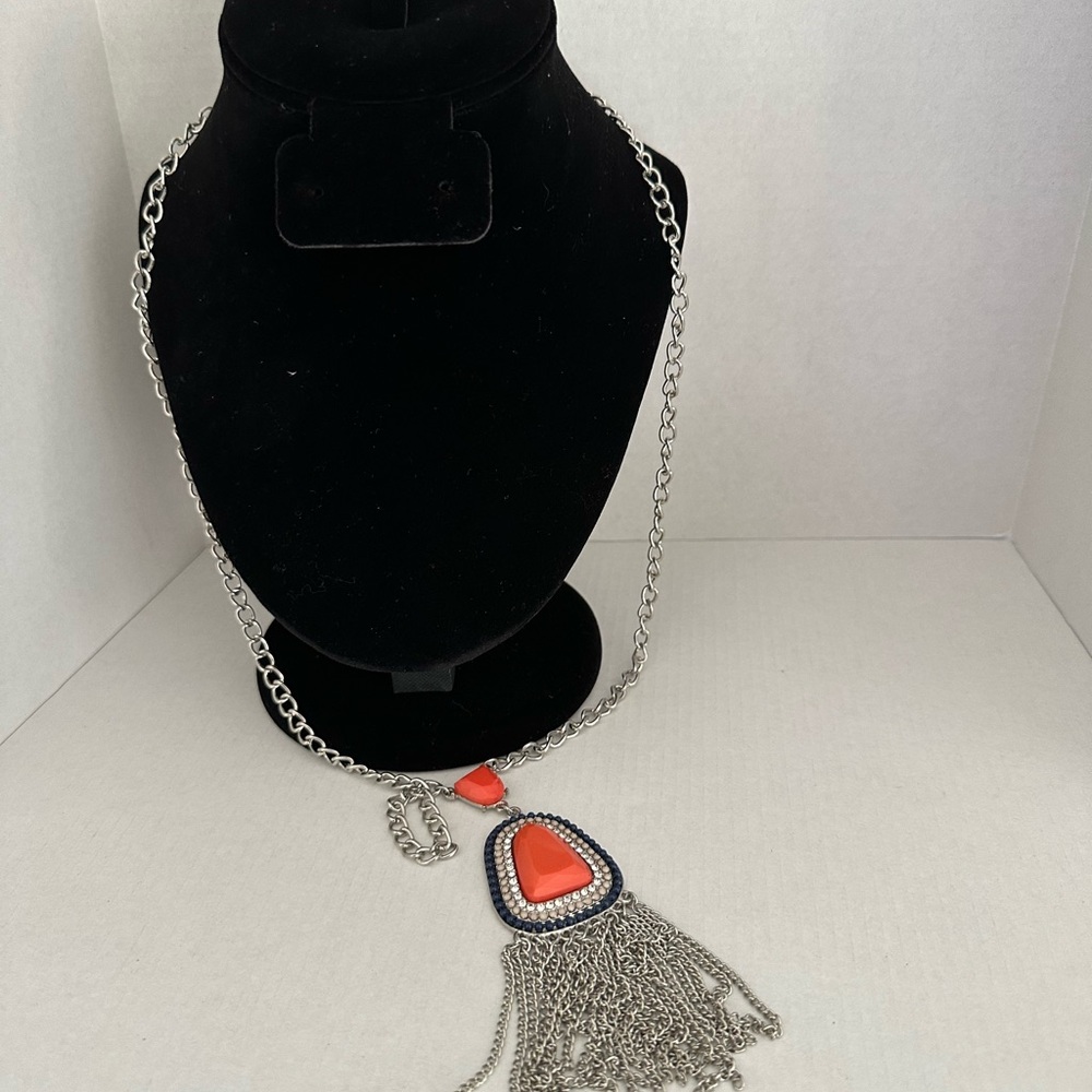 Boho large pendant with thin and fringe silver tone chain long necklace